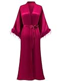 PRODESIGN Accappatoio lungo kimono in raso con piume di struzzo Trim pigiameria da sposa abito da damigella d'onore, Rosso vinaccia, Etichettalia unica